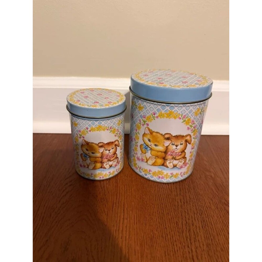 Vintage 90s Kitten Puppy Tin Canister Set